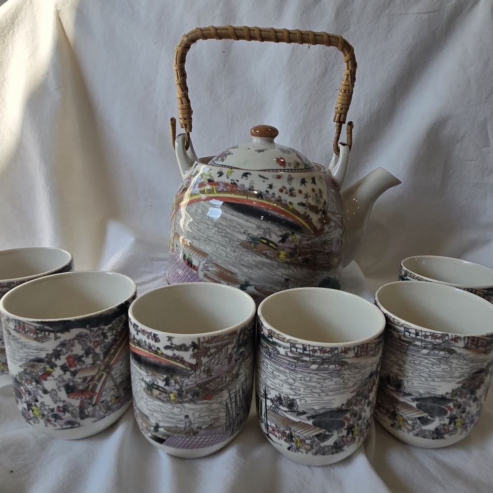 Vintage Scenic Ceramic Tea Set with Bamboo Handle